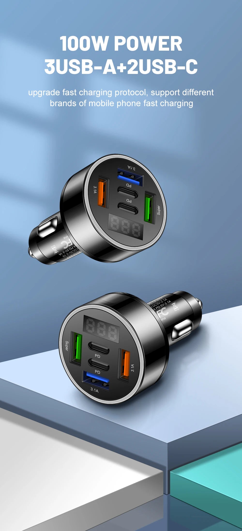 100W 5 Ports Car Charger Fast Charging PD QC3.0 USB C Car Phone Charger Type C Adapter in Car For iPhone Samsung Huawei Xiaomi