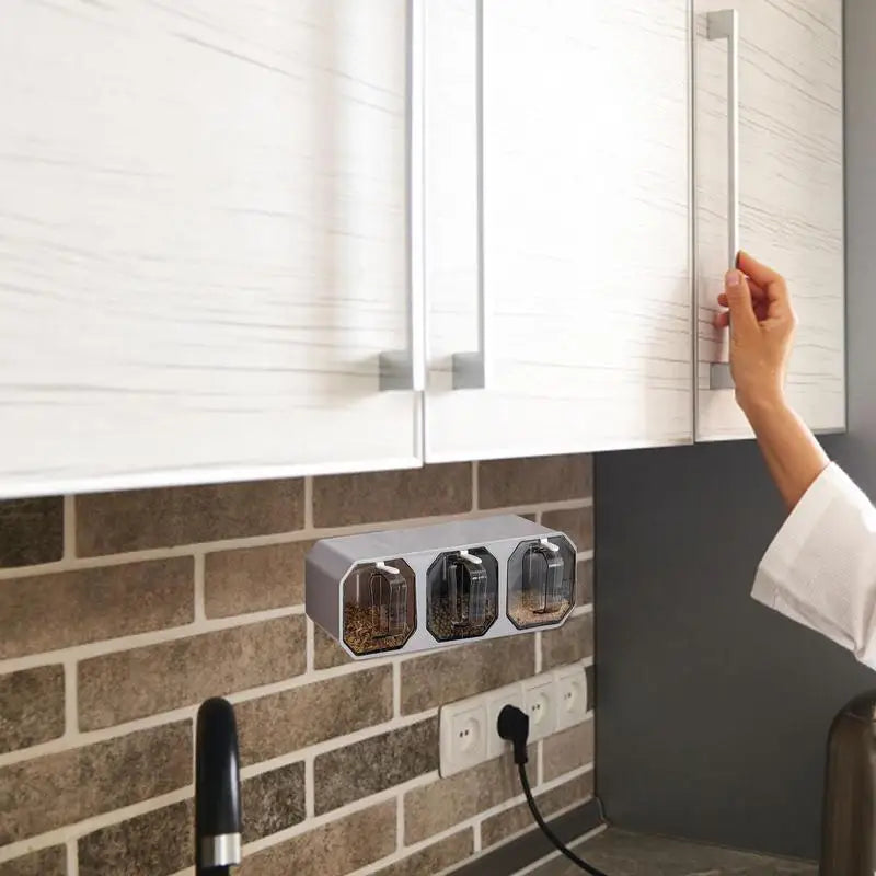 Self-adhesive wall spice rack made of strong, food-grade PP material. Visible design with curtain rod holder and cup sucker for kitchen use