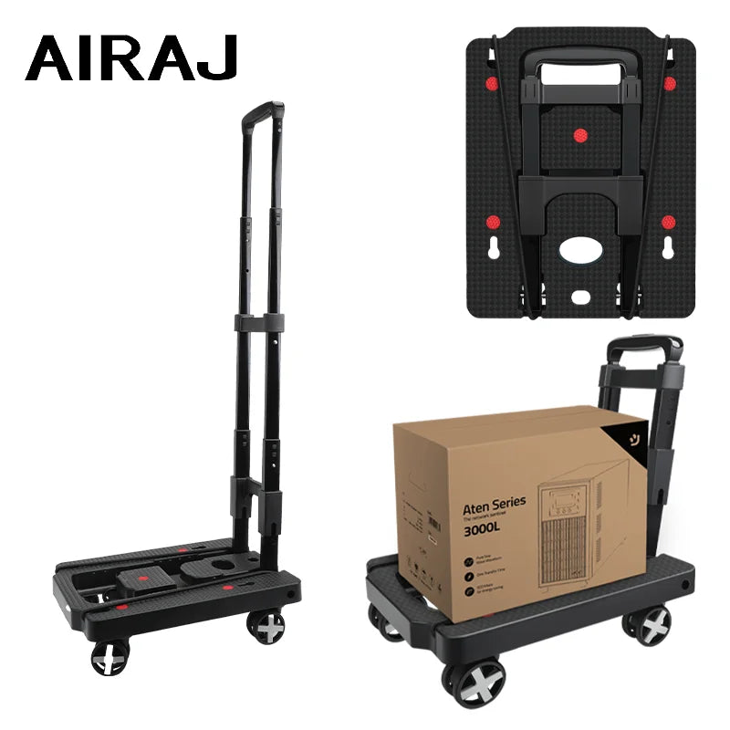 AIRAJ Folding Hand Truck Lightweight Dolly Foldable Luggage Cart with 4 Rotate Wheels, Utility Cart with Adjustable Handle