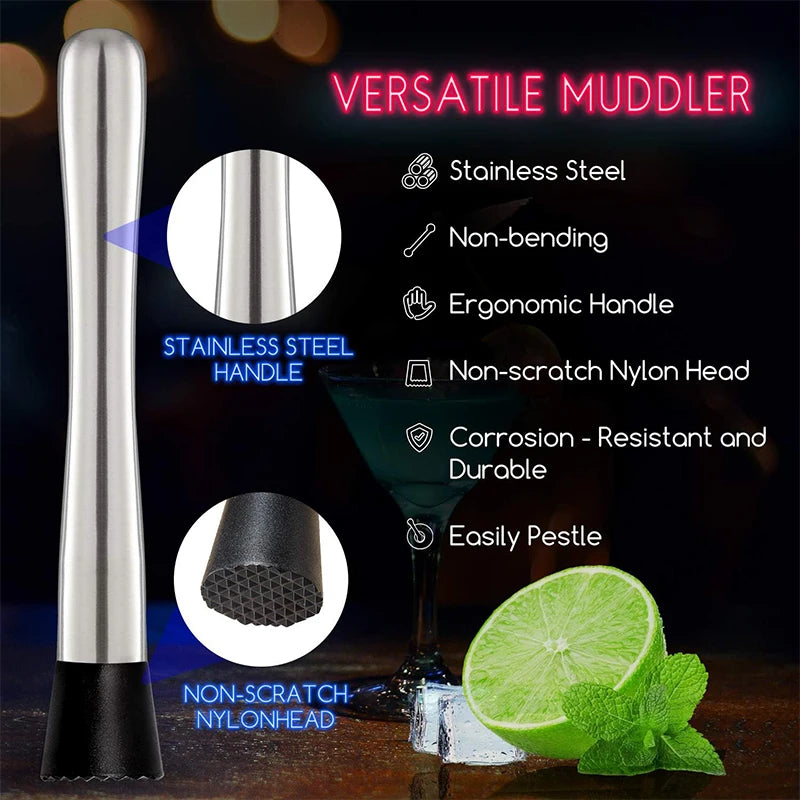 LMETJMA 10 Inch Stainless Steel Mixing Utensil and Stirring Spoon Professional Beverage Muddler Set for Mixed Drinks JT201