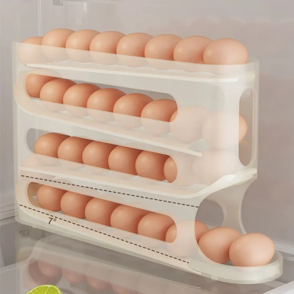 4-Layer Automatic Rolling Egg Holder – Fridge Storage Box & Dispenser for Kitchen Organization