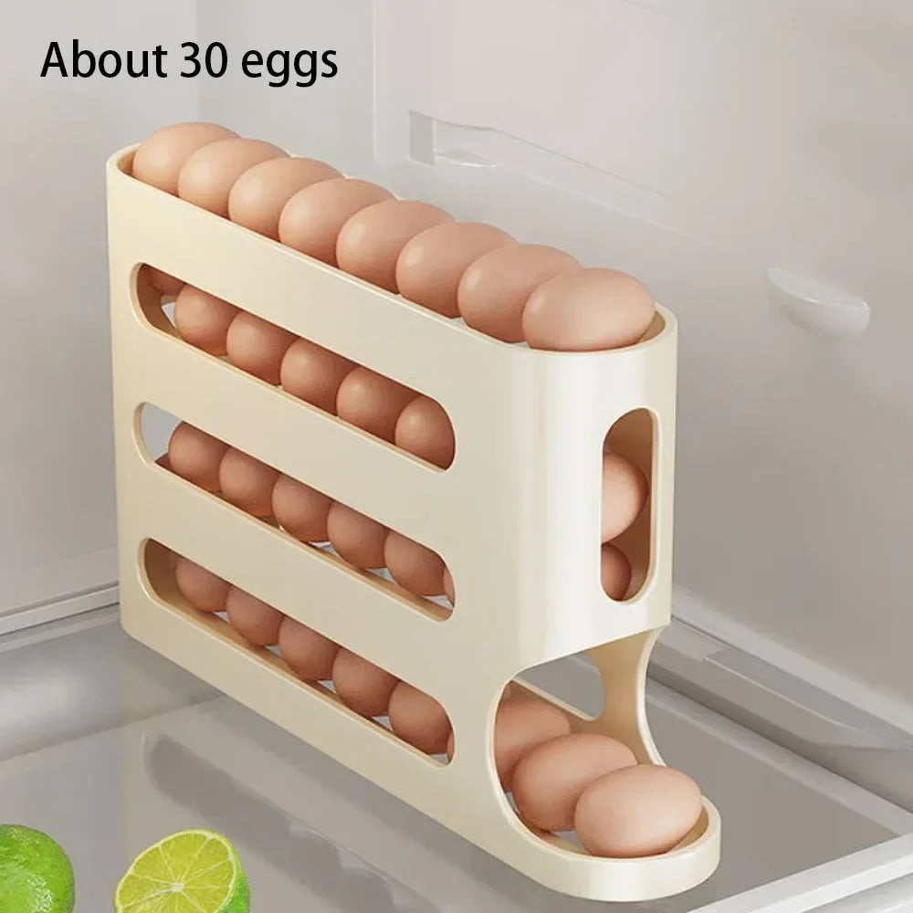 4-Layer Automatic Rolling Egg Holder – Fridge Storage Box & Dispenser for Kitchen Organization