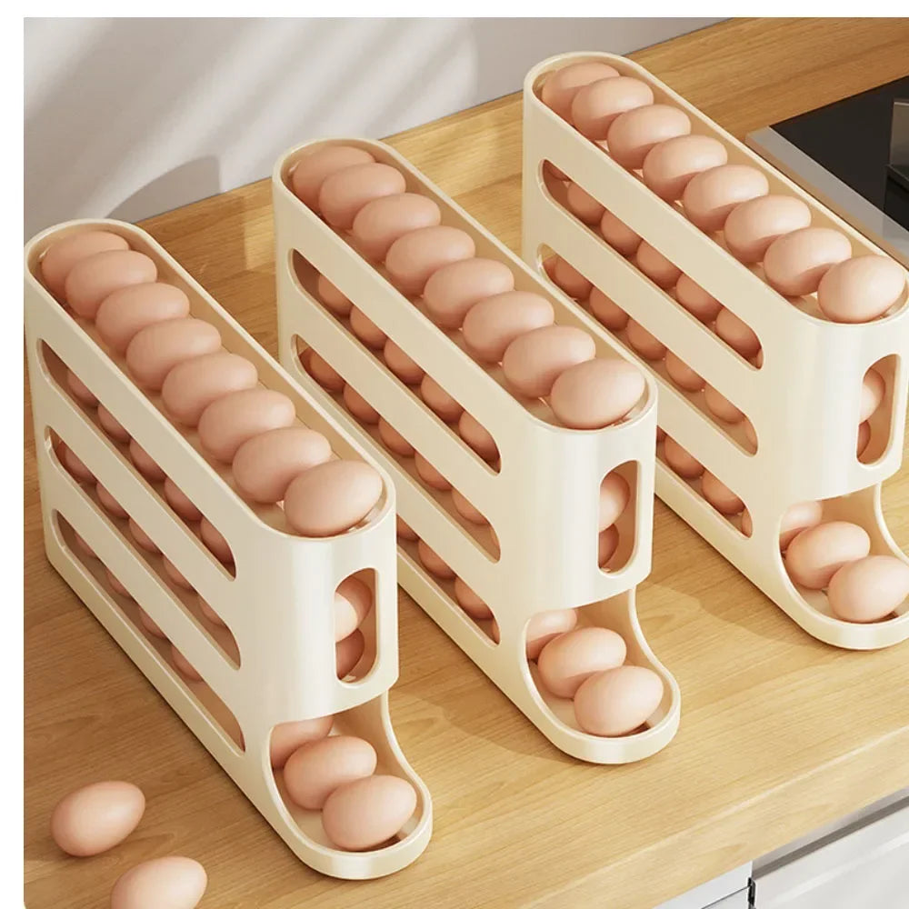 4-Layer Automatic Rolling Egg Holder – Fridge Storage Box & Dispenser for Kitchen Organization