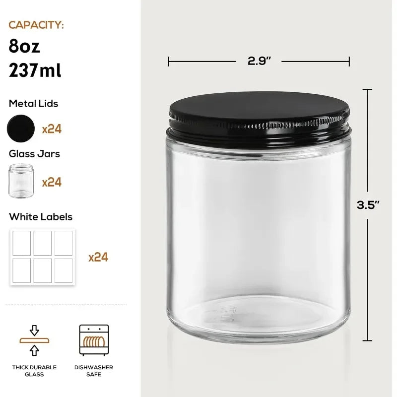 24-Pack 8 OZ Thick Glass Jars with Metal Lids – Clear Round Jars for Candle Making & Food Storage