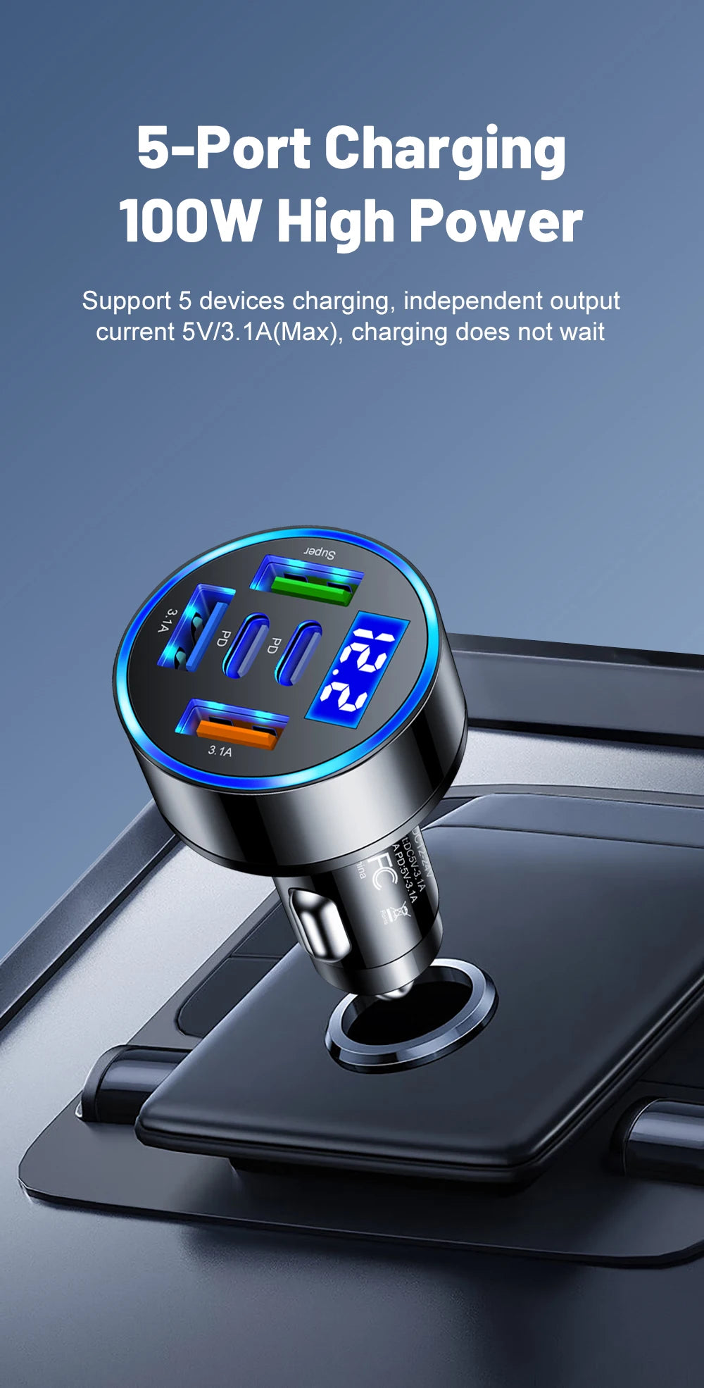 100W 5 Ports Car Charger Fast Charging PD QC3.0 USB C Car Phone Charger Type C Adapter in Car For iPhone Samsung Huawei Xiaomi