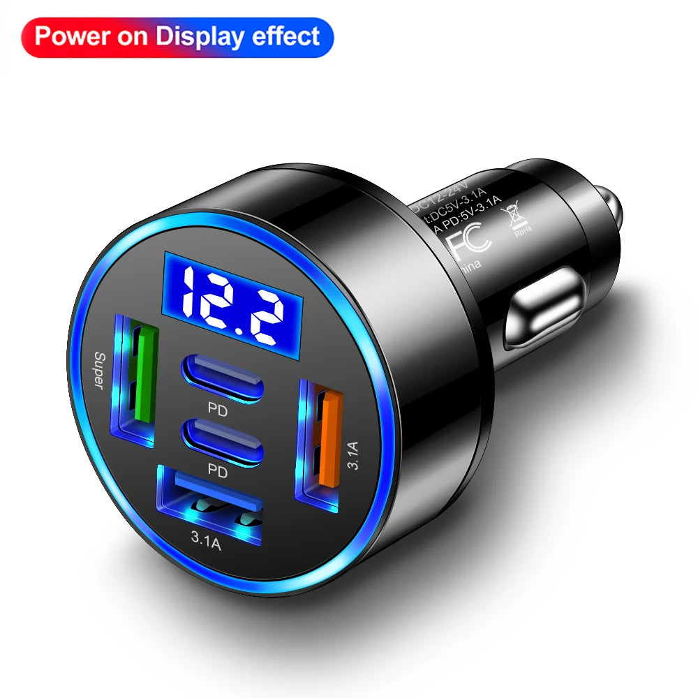 100W 5 Ports Car Charger Fast Charging PD QC3.0 USB C Car Phone Charger Type C Adapter in Car For iPhone Samsung Huawei Xiaomi