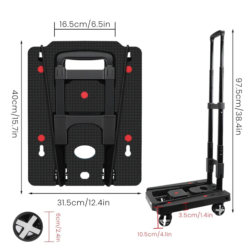 AIRAJ Folding Hand Truck Lightweight Dolly Foldable Luggage Cart with 4 Rotate Wheels, Utility Cart with Adjustable Handle