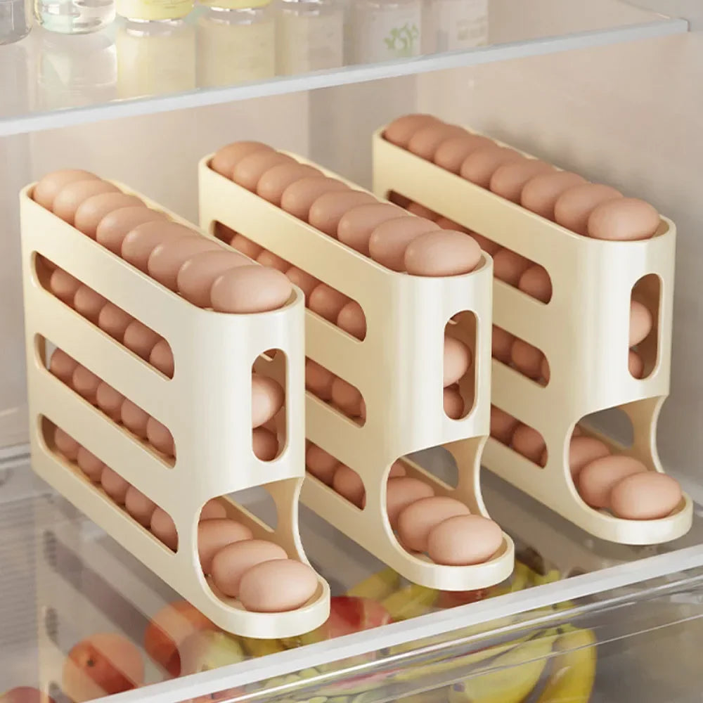 4-Layer Automatic Rolling Egg Holder – Fridge Storage Box & Dispenser for Kitchen Organization