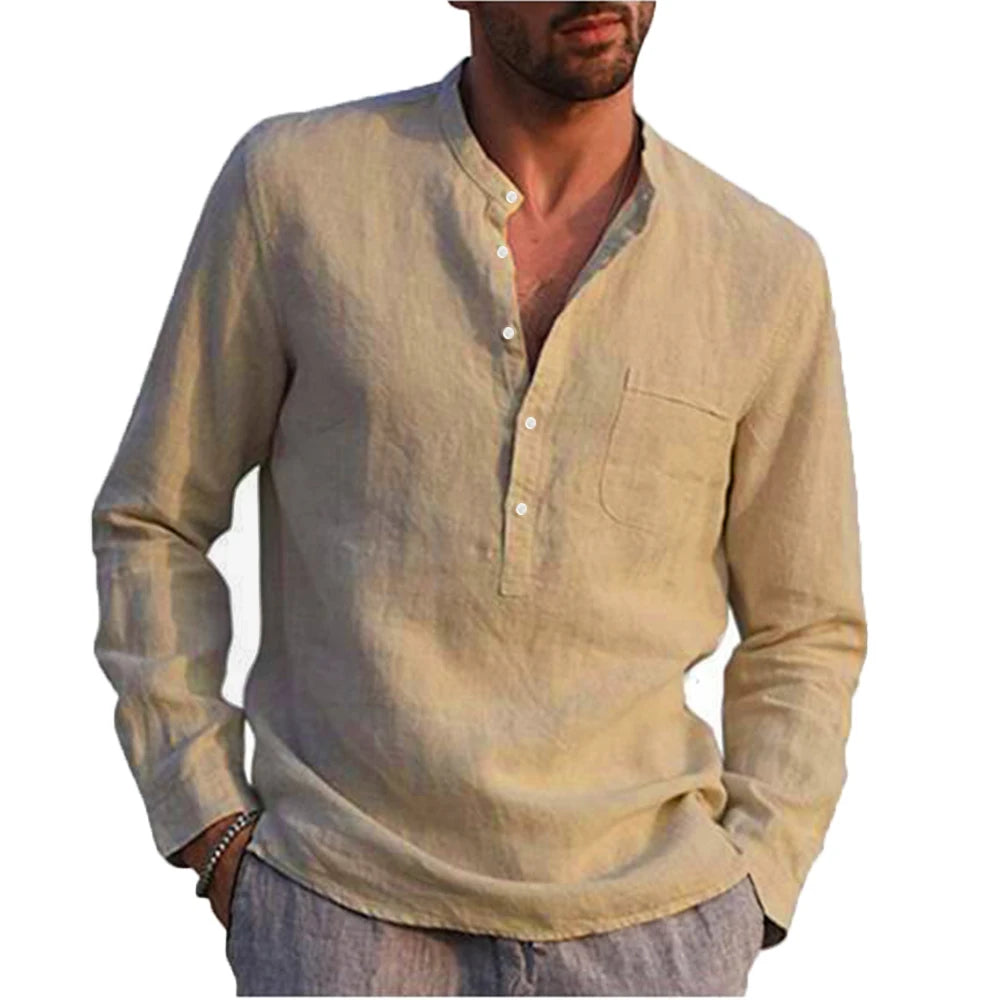 Cotton Linen Hot Sale Men's Long-Sleeved Shirts Summer Solid Color Stand-Up Collar Casual Beach Style Plus Size