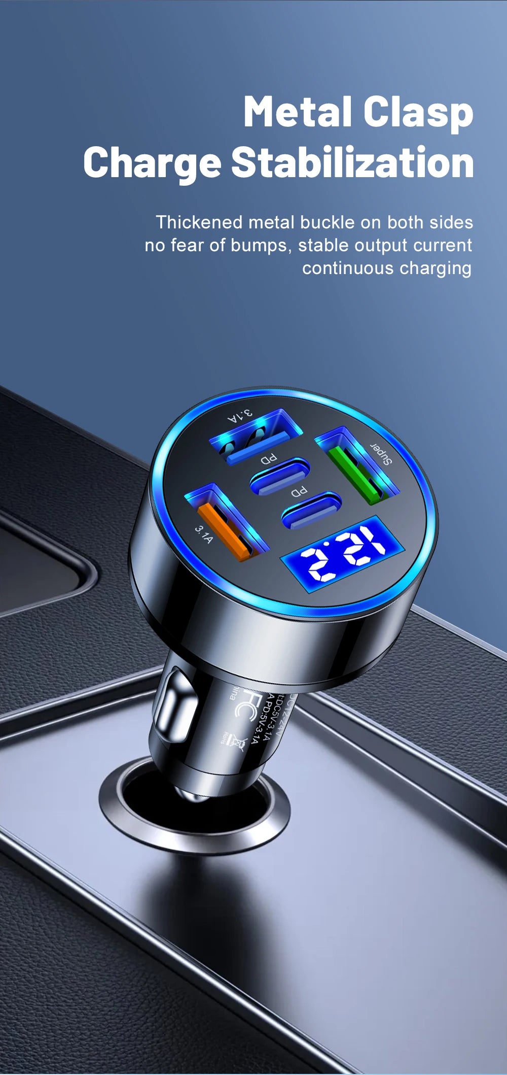 100W 5 Ports Car Charger Fast Charging PD QC3.0 USB C Car Phone Charger Type C Adapter in Car For iPhone Samsung Huawei Xiaomi