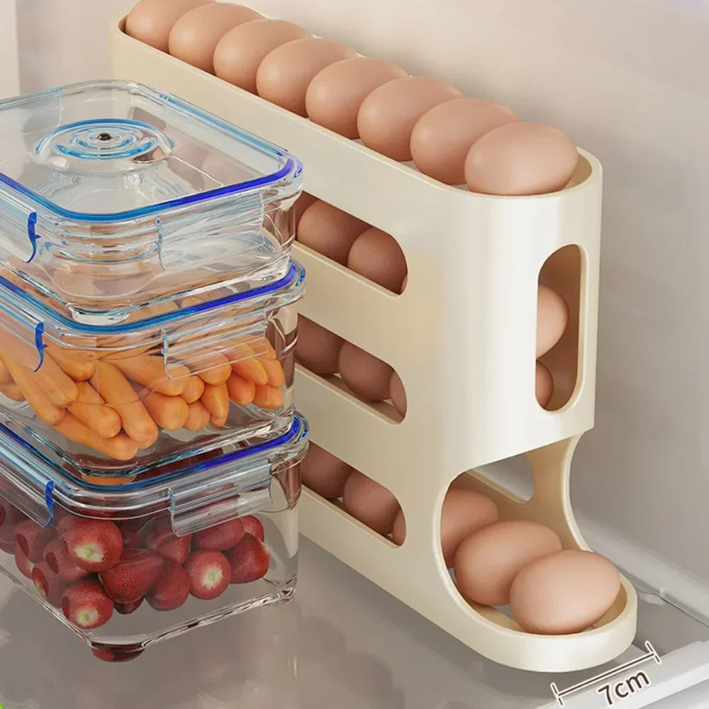 4-Layer Automatic Rolling Egg Holder – Fridge Storage Box & Dispenser for Kitchen Organization