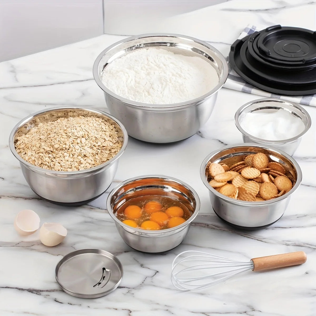 8-Piece Stainless Steel Mixing Bowl Set with Airtight Lids | Non-Slip Bottoms, Black Kitchen Bowls for Baking & Serving