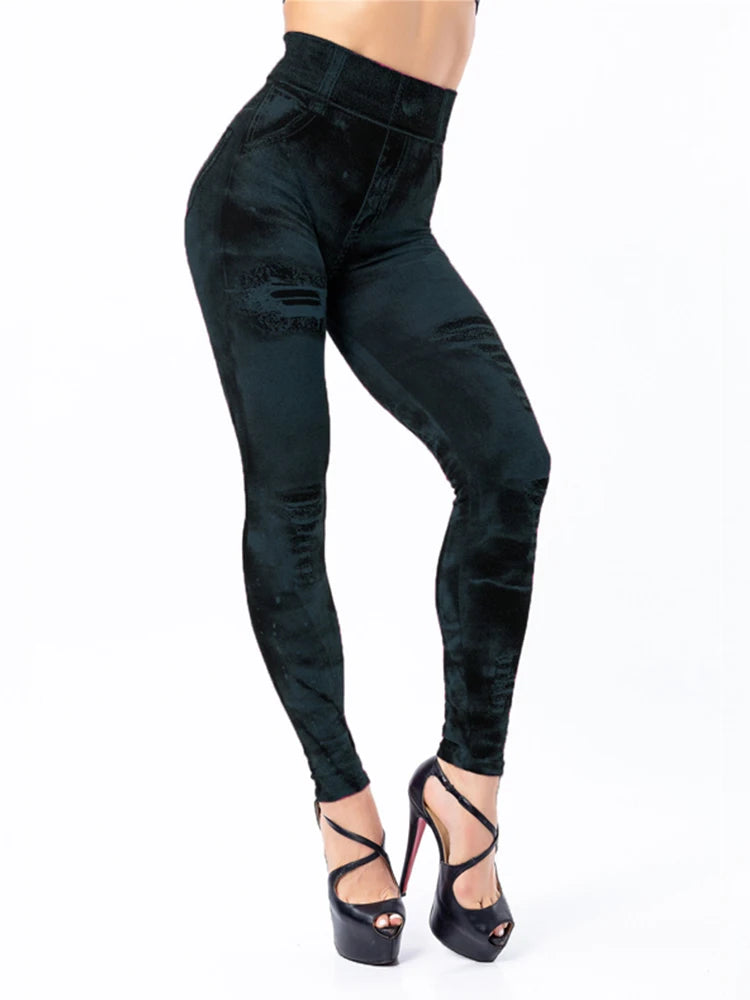 2023 Sexy Astic Imitation Jeans Leggings Women Stretch High Waist Pants Fitness Slim Push Up Leggings For Women Summer Breeches