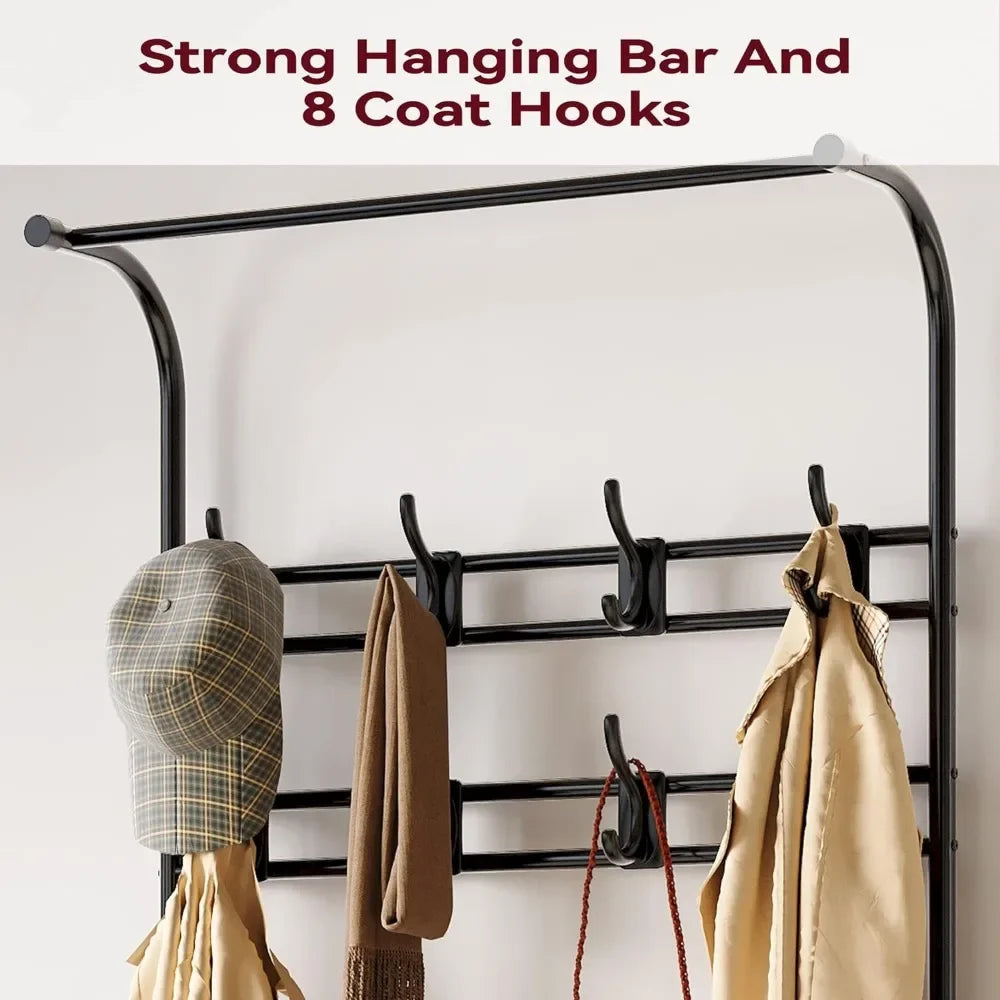 Coat Rack Shoe Bench, 4-in-1 Hall Tree Storage Bench for Entryway, with 8 Sturdy Hooks,Retro Brown hangers for clothes