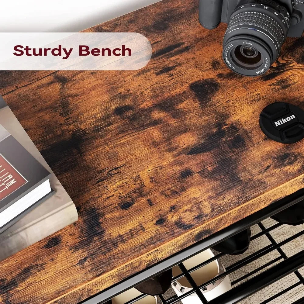 Coat Rack Shoe Bench, 4-in-1 Hall Tree Storage Bench for Entryway, with 8 Sturdy Hooks,Retro Brown hangers for clothes