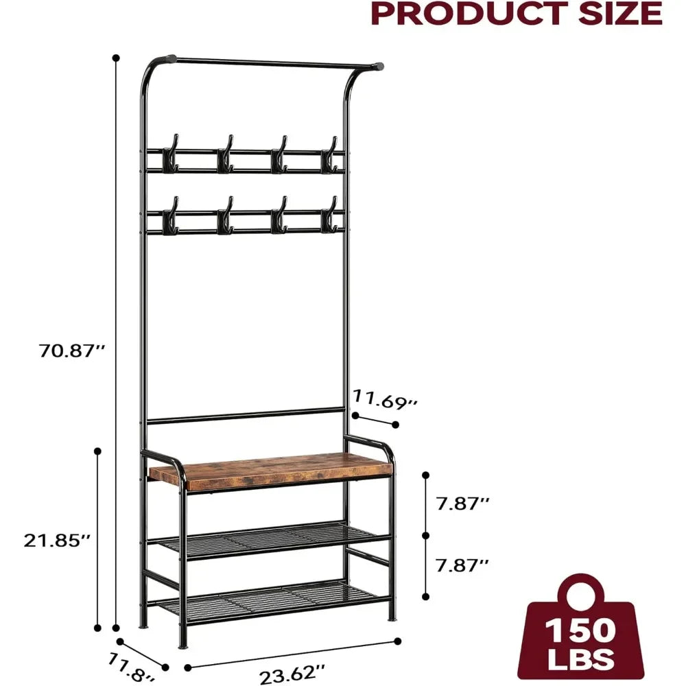 Coat Rack Shoe Bench, 4-in-1 Hall Tree Storage Bench for Entryway, with 8 Sturdy Hooks,Retro Brown hangers for clothes