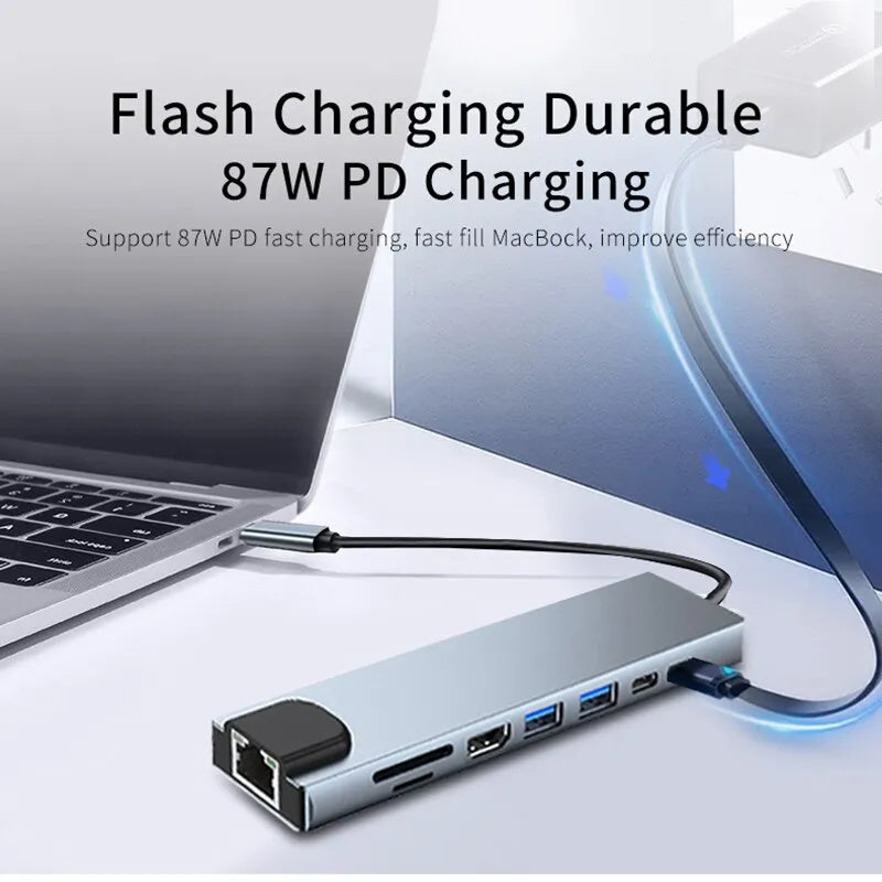 Usb 8 In 1 Type C 3 1 To 4k Hdmi Hub Adapter With Sd Tf Rj45 Card Reader Pd Fast Charge For Macbook Notebook Computer