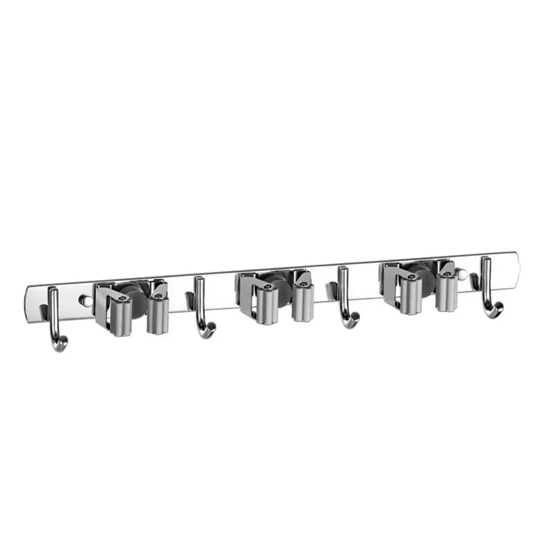 Wall Mount Mop and Broom Organizer with Stainless Steel Hooks for Kitchen and Bathroom