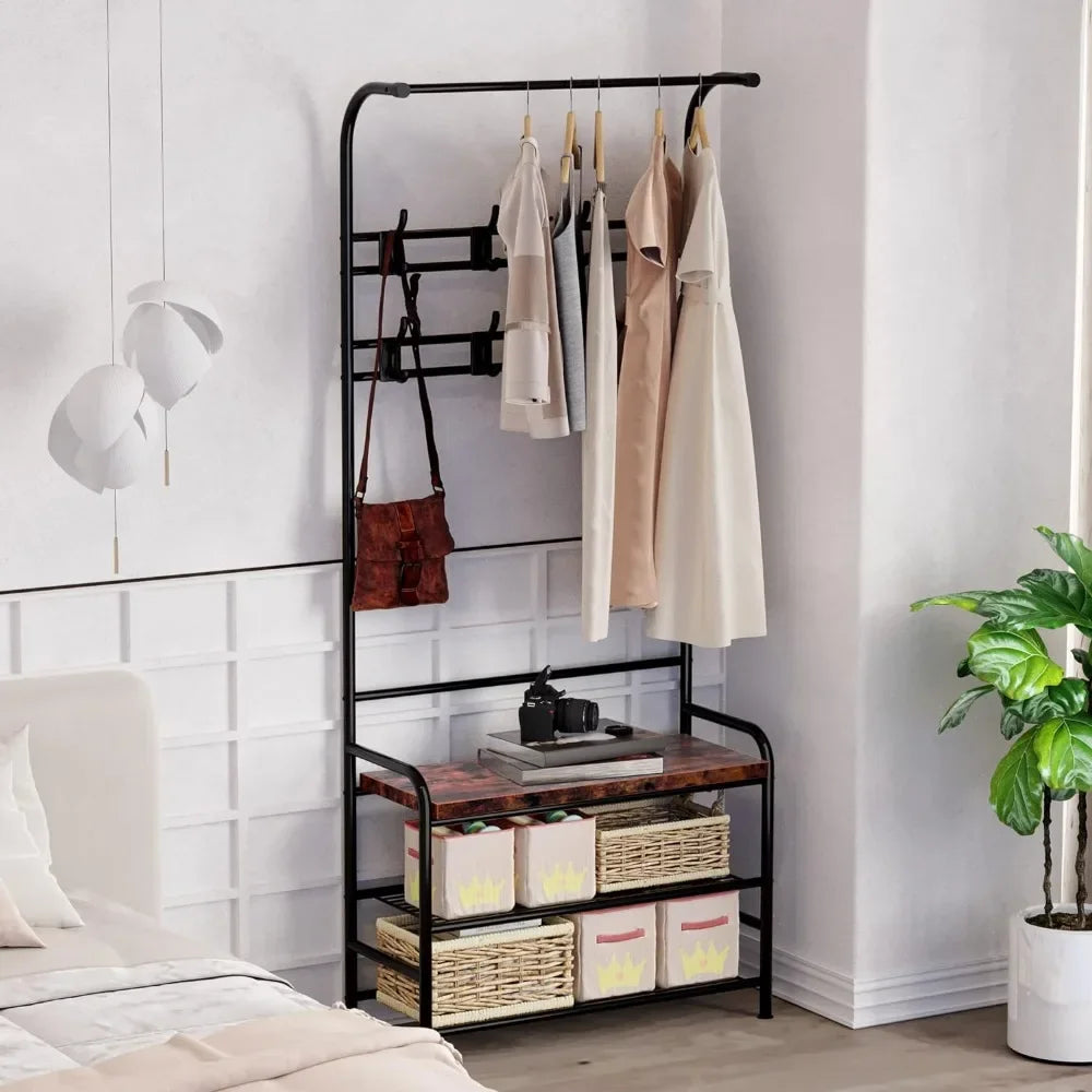 Coat Rack Shoe Bench, 4-in-1 Hall Tree Storage Bench for Entryway, with 8 Sturdy Hooks,Retro Brown hangers for clothes