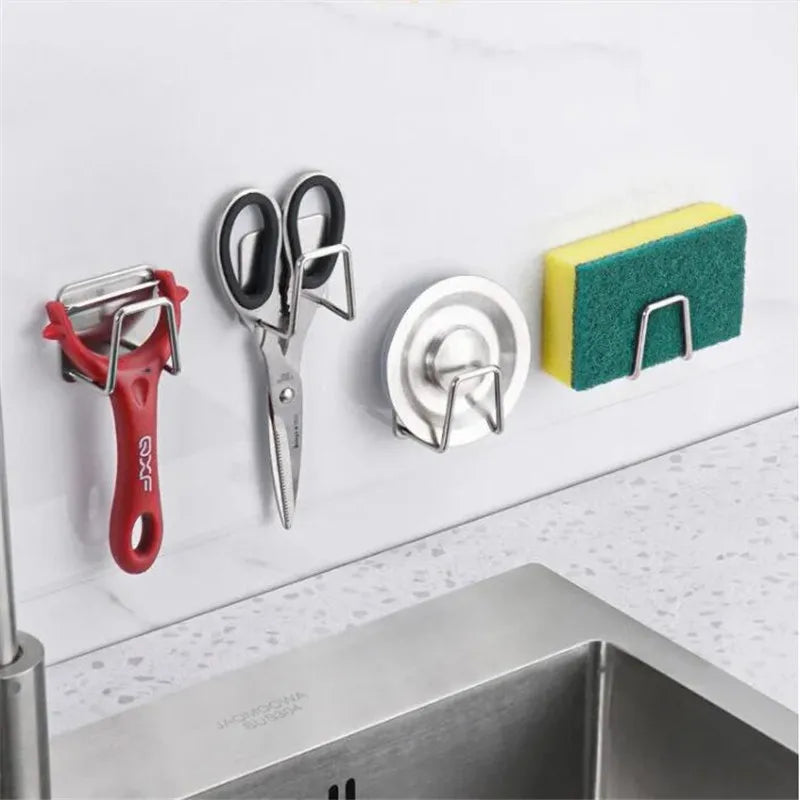 Stainless Steel Kitchen Sink Shelf with Adhesive Hooks for Sponges and Storage