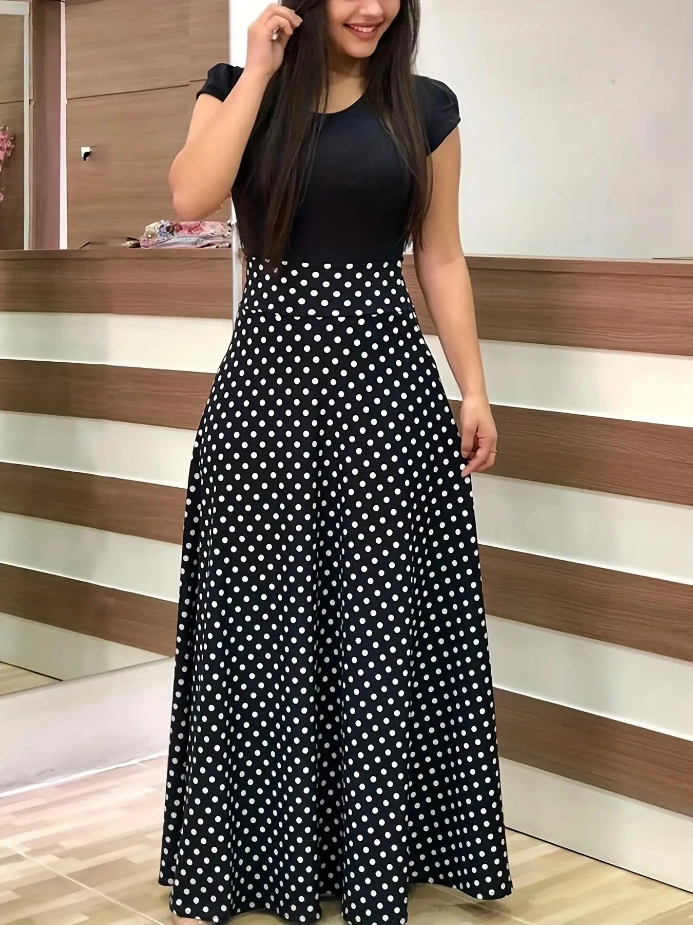 European and American style flower print color matching short sleeved dress for women's large swing skirt