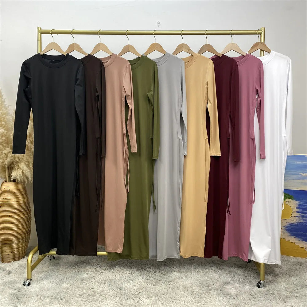 Muslim Abaya Women Bottoming Shirt Robe Solid Color Arab Long Sleeved Soft Cozy Round Neck Long Dress Robe