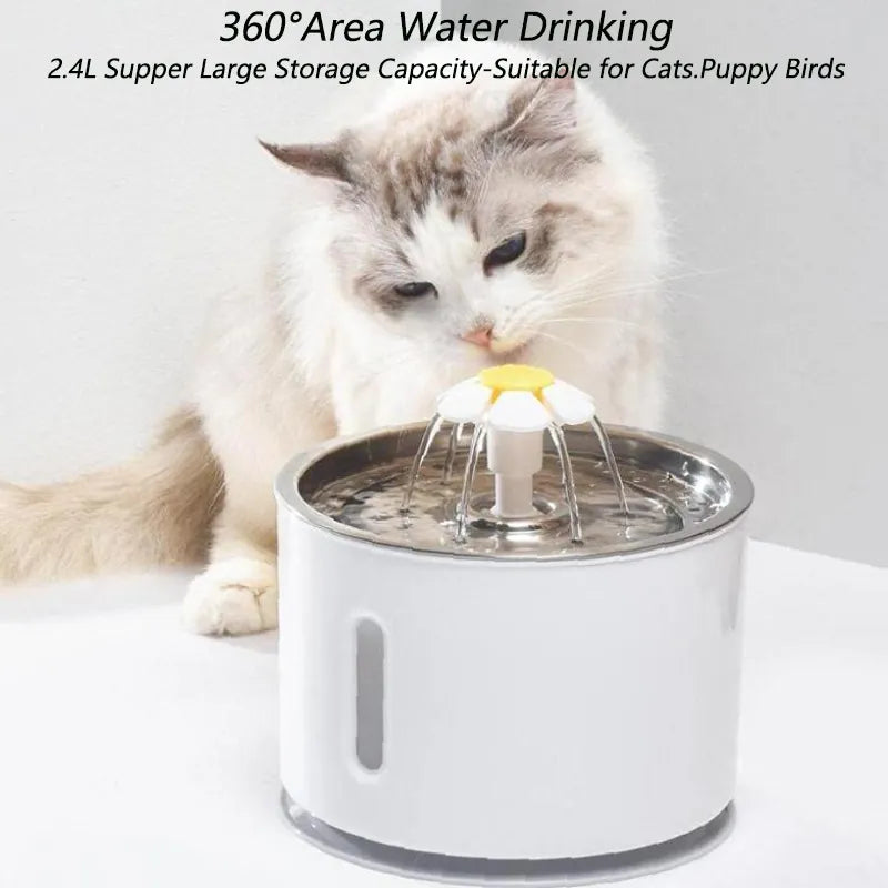 2.4L Automatic Pet Water Fountain with LED Light for Dogs, Cats, and Rabbits - Round, Silent, Safe Drinking Bowl