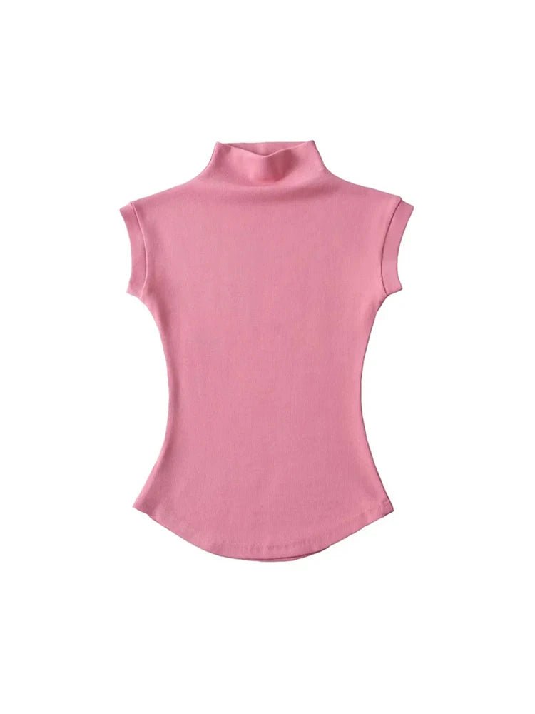 Women Summer Sexy Turtleneck Sleeveless T-Shirts Tops Solid Slim Fit Pullovers Causal Tees Shirts Female Streetwear Basics Tees - Etawia Products