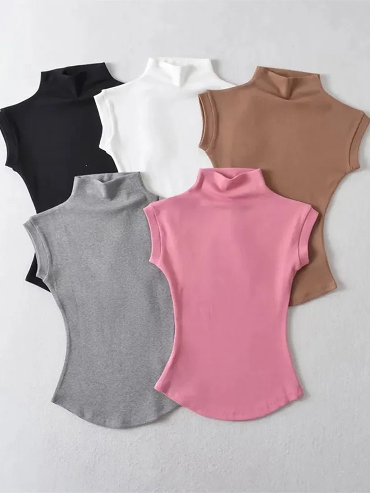 Women Summer Sexy Turtleneck Sleeveless T-Shirts Tops Solid Slim Fit Pullovers Causal Tees Shirts Female Streetwear Basics Tees - Etawia Products