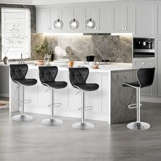 Adjustable Swivel Bar Stools Set of 4, Counter Height Bar Stools with Back, PU Leather Shell Back Tall Stools Set, Black