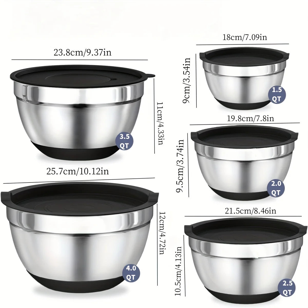 8-Piece Stainless Steel Mixing Bowl Set with Airtight Lids | Non-Slip Bottoms, Black Kitchen Bowls for Baking & Serving