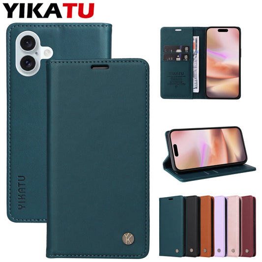 Magnetic Flip Wallet Leather Case for iPhone 17 / 16 / 15 / 14 / 13 / 12 / 11 Series – Multi‑Functional Kickstand Card Holder Cover