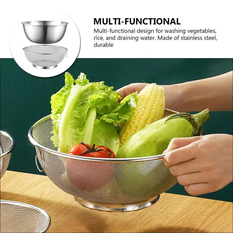 Stainless steel colander and bowl set for kitchen use. Includes colander/strainer basket and washing bowl for rice, etc