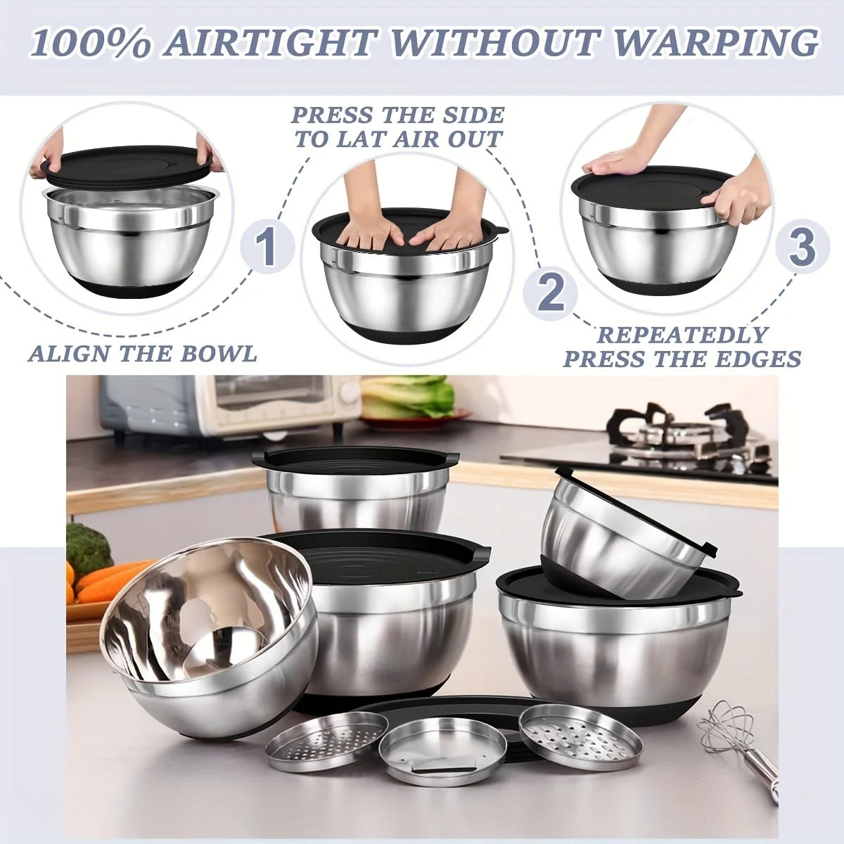 8-Piece Stainless Steel Mixing Bowl Set with Airtight Lids | Non-Slip Bottoms, Black Kitchen Bowls for Baking & Serving