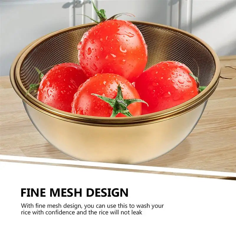 Stainless steel colander and bowl set for kitchen use. Includes colander/strainer basket and washing bowl for rice, etc