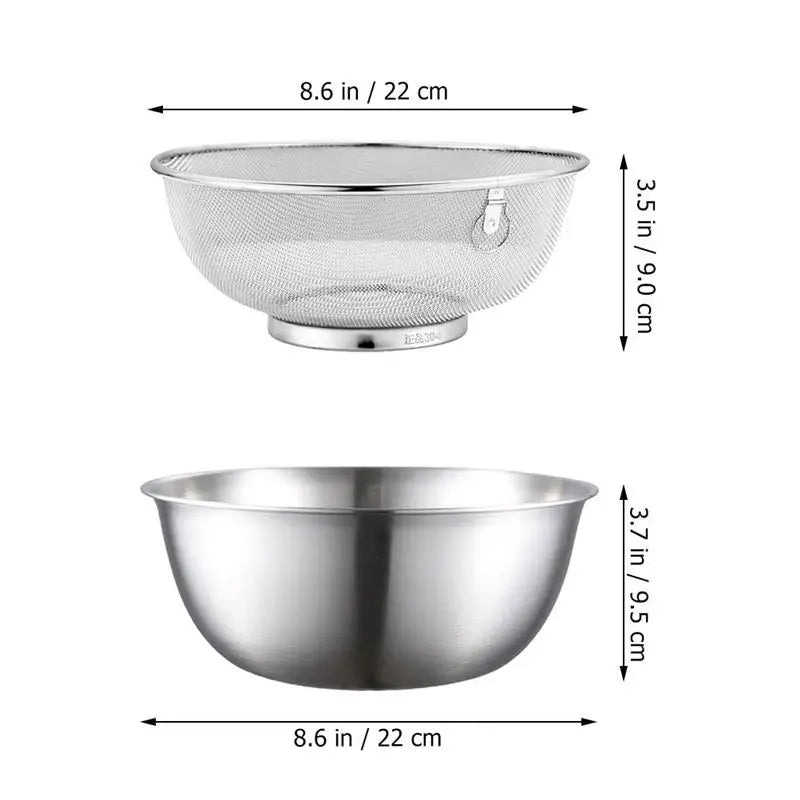 Stainless steel colander and bowl set for kitchen use. Includes colander/strainer basket and washing bowl for rice, etc