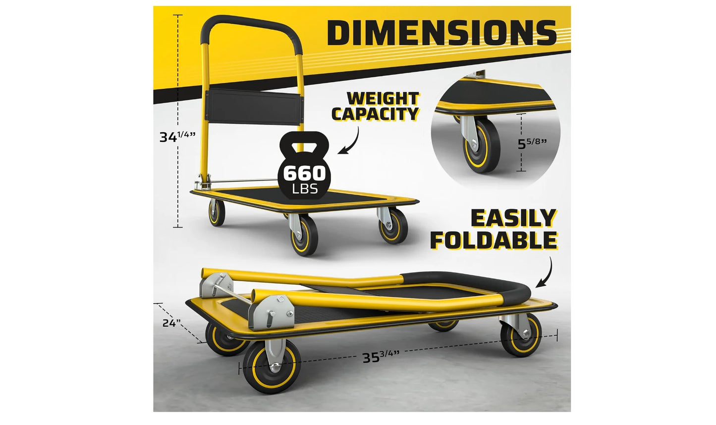 Heavy-Duty Foldable Push Cart Dolly | 660 lbs Capacity Collapsible Moving Platform Hand Truck with Swivel Wheels