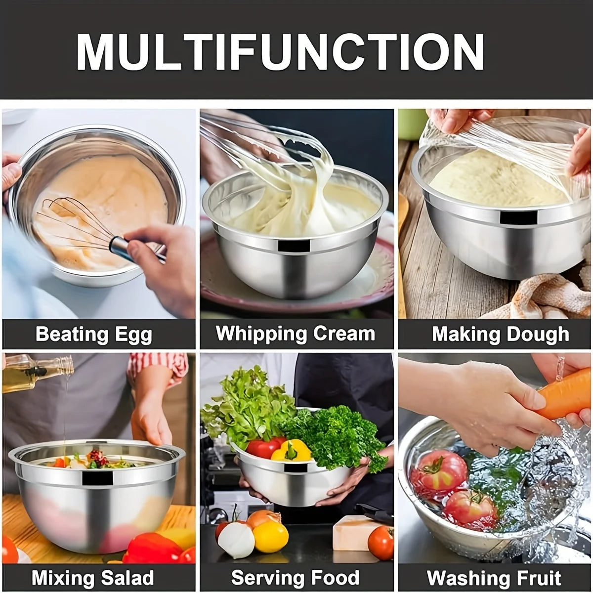 8-Piece Stainless Steel Mixing Bowl Set with Airtight Lids | Non-Slip Bottoms, Black Kitchen Bowls for Baking & Serving
