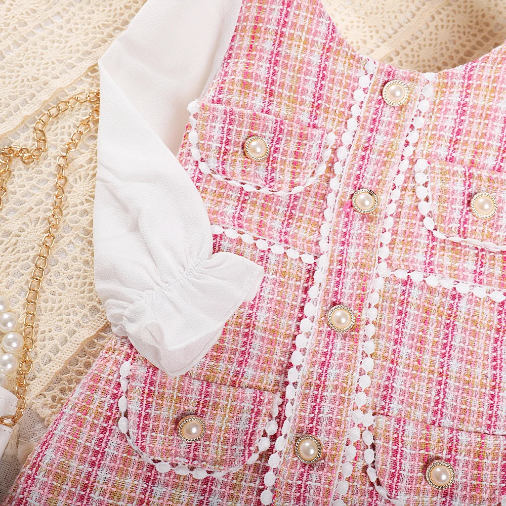 Bear Leader Girls' Dress 2023 Autumn New Girls' Round Neck Plaid Lace Button Long Sleeve Dress Girls' Fashion Patchwork Dress