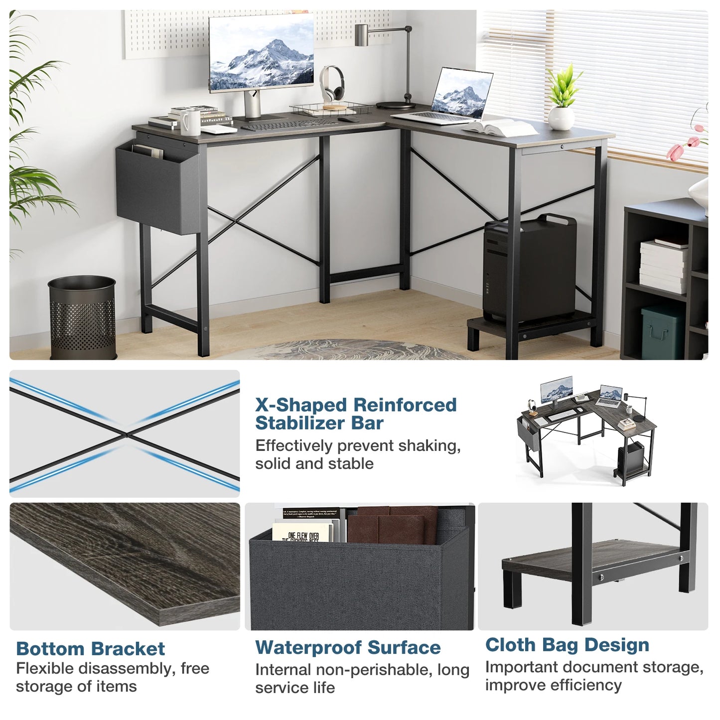 JHK 50-Inch L-Shaped Gaming Desk with CPU Shelf & Side Bag | Space-Saving Office Writing Table for Home, Bedroom, and Small Spaces