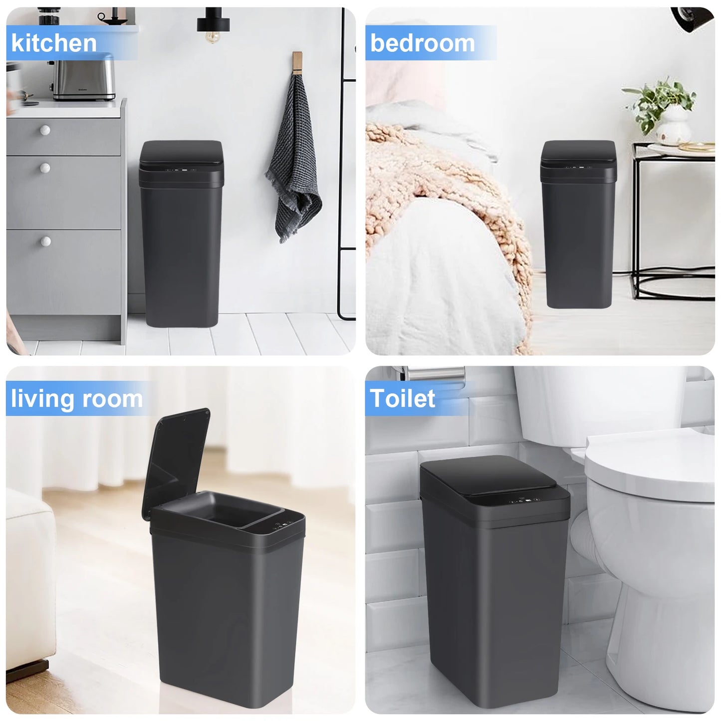 18L Black Bathroom Automatic Trash Can Touchless Smart Motion Sensor Garbage Can with Lids for Bedroom Living Room Office
