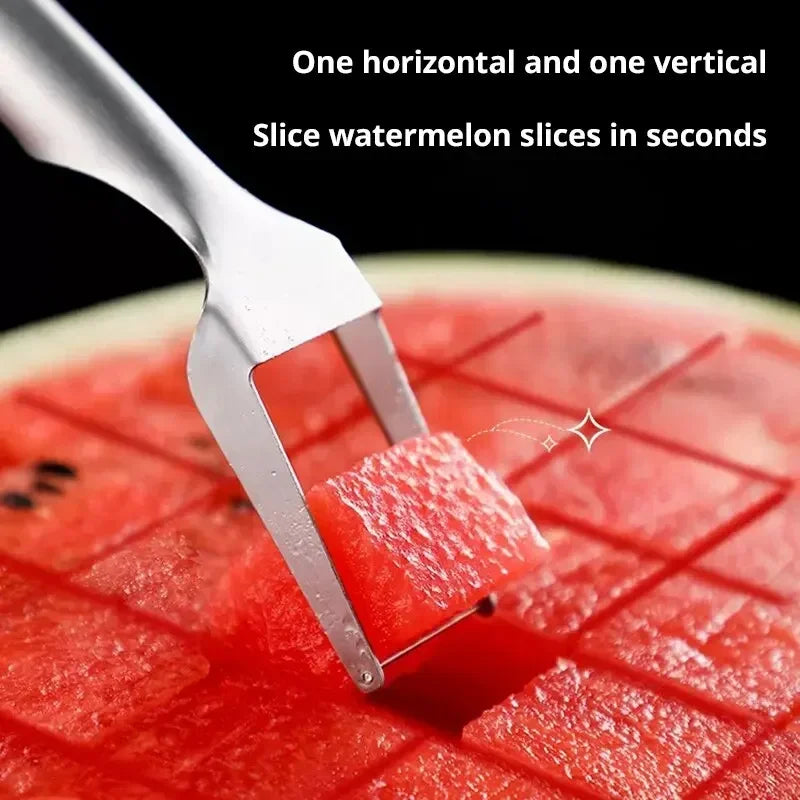 2In1 Watermelon Fork Slicer Watermelon Slicer Cutter Knife Multi-purpose Portable Stainless Steel Kitchen Fruit Cutting Fork