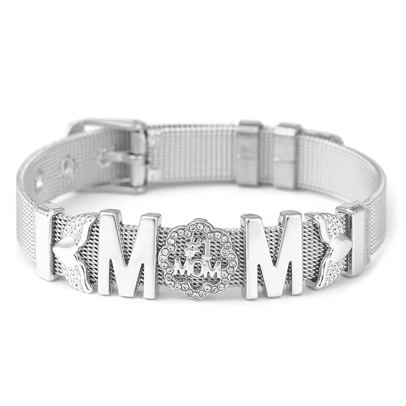 TOGORY Fashion Ladies Stainless Steel Mesh Bracelets Crystal MoM Charms Fine Bracelet Adjustable Bracelet for Mother's Day Gifts