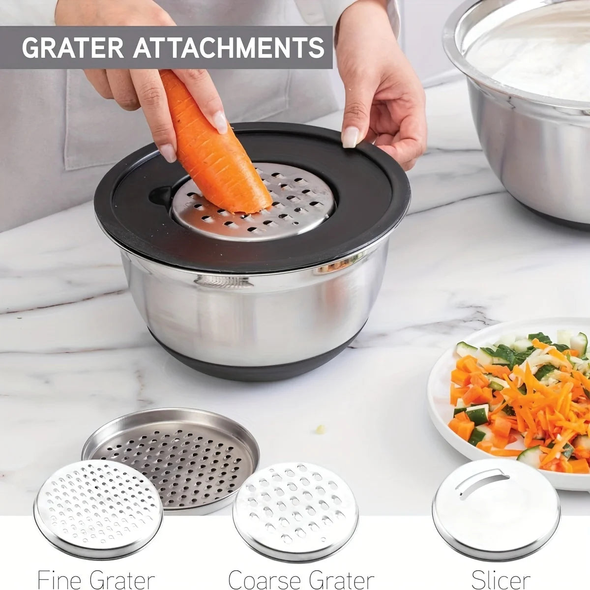 8-Piece Stainless Steel Mixing Bowl Set with Airtight Lids | Non-Slip Bottoms, Black Kitchen Bowls for Baking & Serving