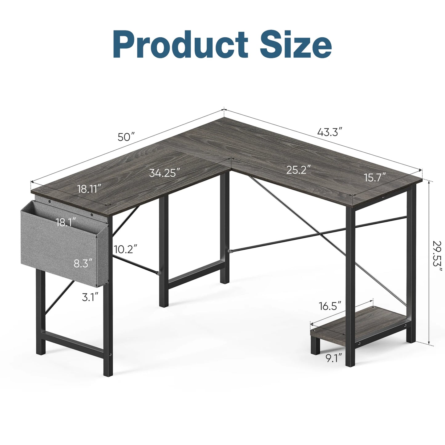 JHK 50-Inch L-Shaped Gaming Desk with CPU Shelf & Side Bag | Space-Saving Office Writing Table for Home, Bedroom, and Small Spaces