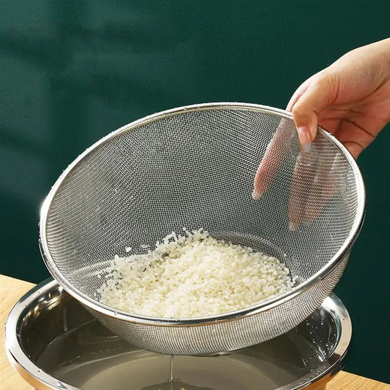 Stainless steel colander and bowl set for kitchen use. Includes colander/strainer basket and washing bowl for rice, etc