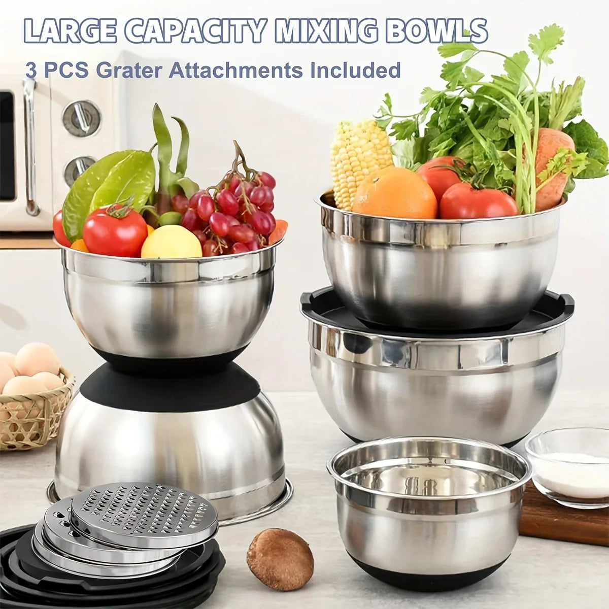8-Piece Stainless Steel Mixing Bowl Set with Airtight Lids | Non-Slip Bottoms, Black Kitchen Bowls for Baking & Serving