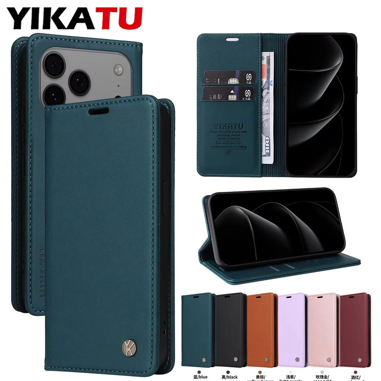 Magnetic Flip Wallet Leather Case for iPhone 17 / 16 / 15 / 14 / 13 / 12 / 11 Series – Multi‑Functional Kickstand Card Holder Cover
