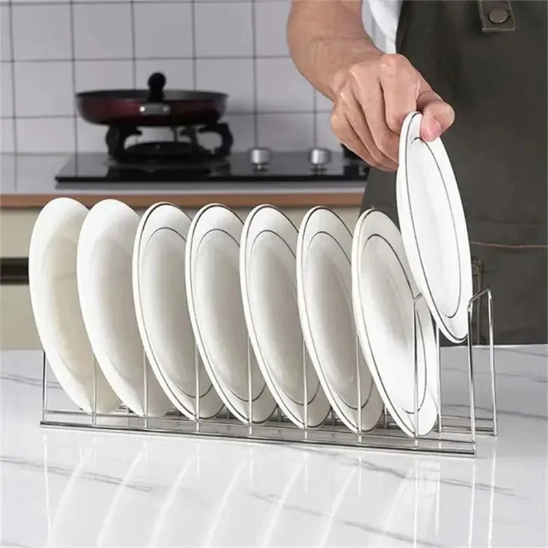 Stainless Steel Kitchen Organizer: A sleek dish holder for organizing cutlery, dishes, and pot lids at home