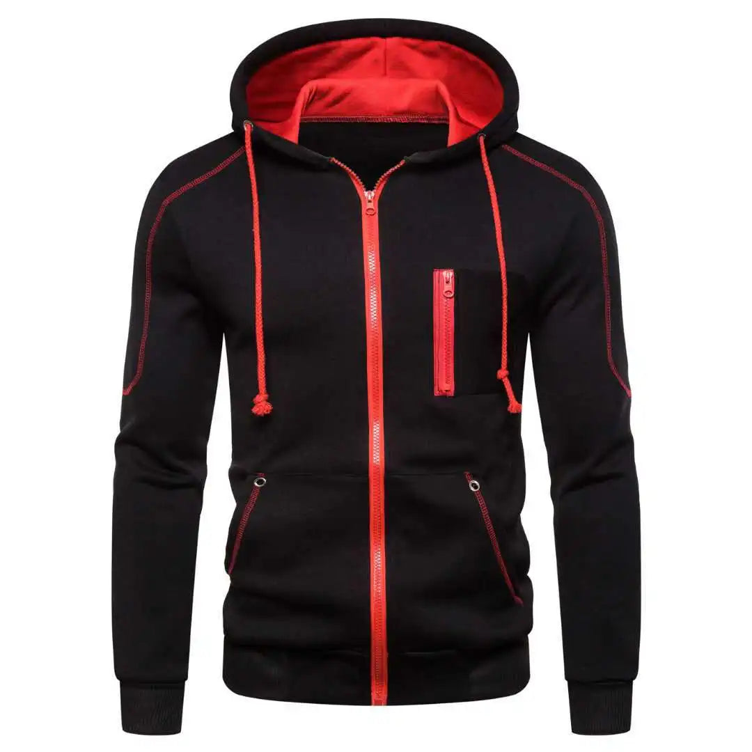 Men's color block fleece hoodie in black, white, army green, and red. Perfect for cool casual winter wear.